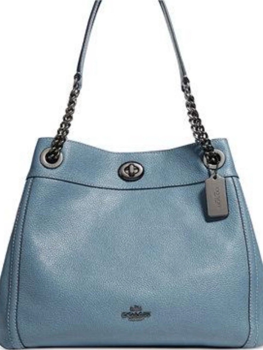 Coach Pebbled Leather Shoulder Bag in Light Blue with Gunmetal Chain
